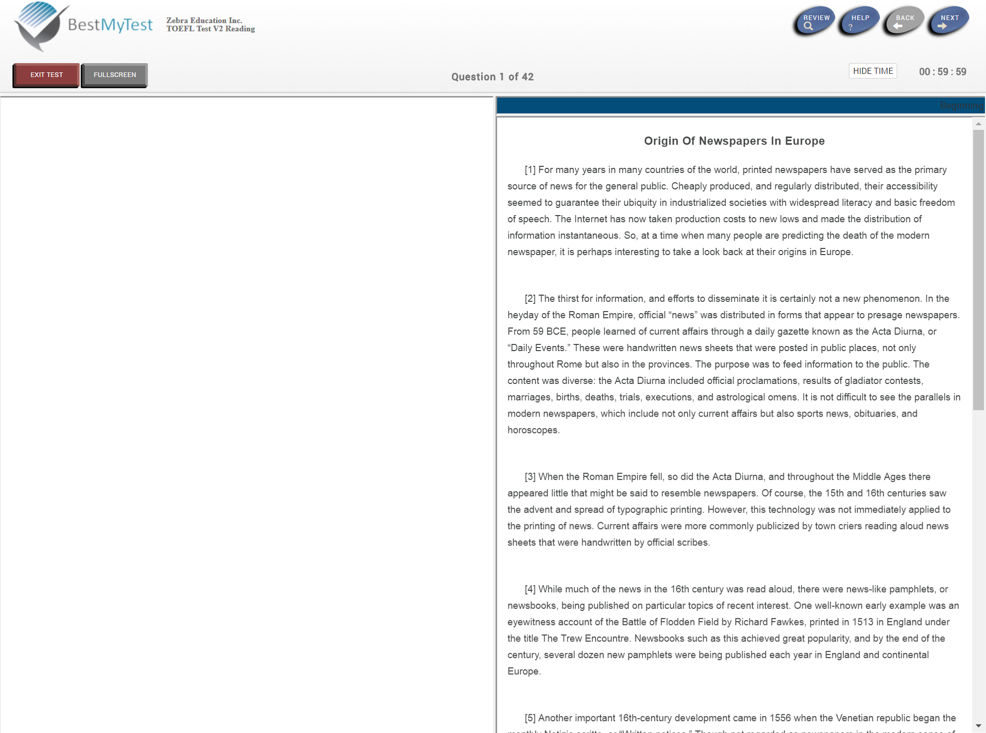 toefl itp reading section time